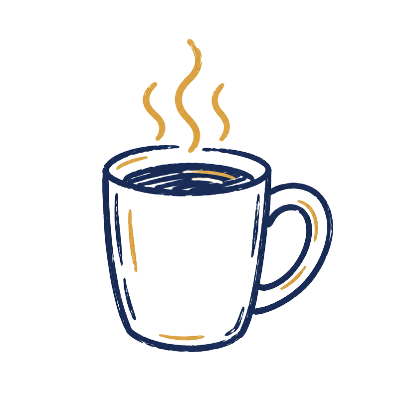 Hand-drawn illustration of a steaming coffee mug